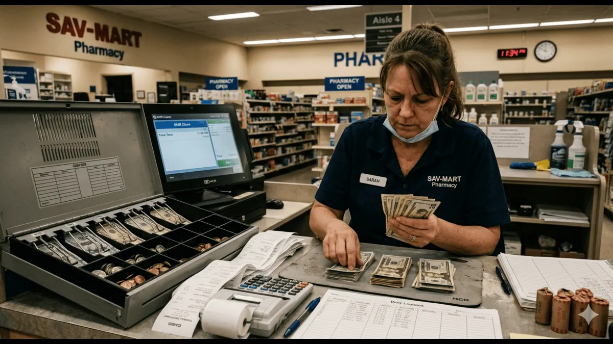 Cashier counting bills and coins during end-of-shift cash drawer reconciliation in a retail store