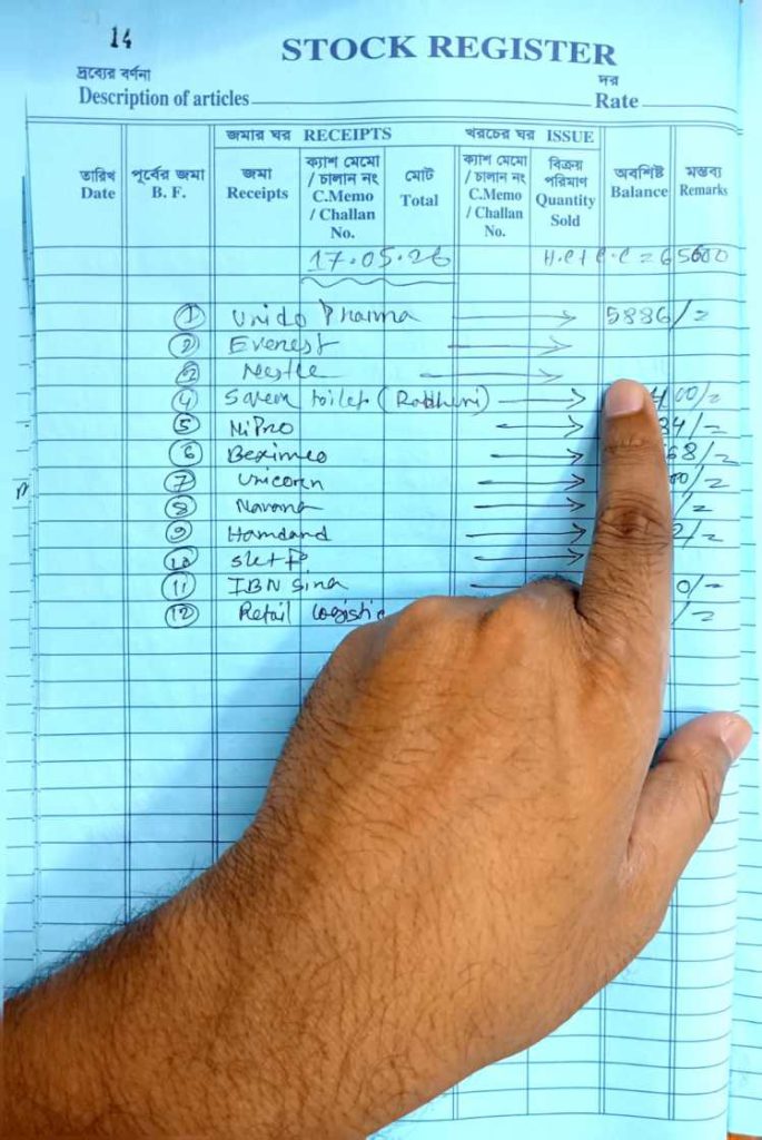 Retail accountant checking handwritten stock ledger entries during cash reconciliation