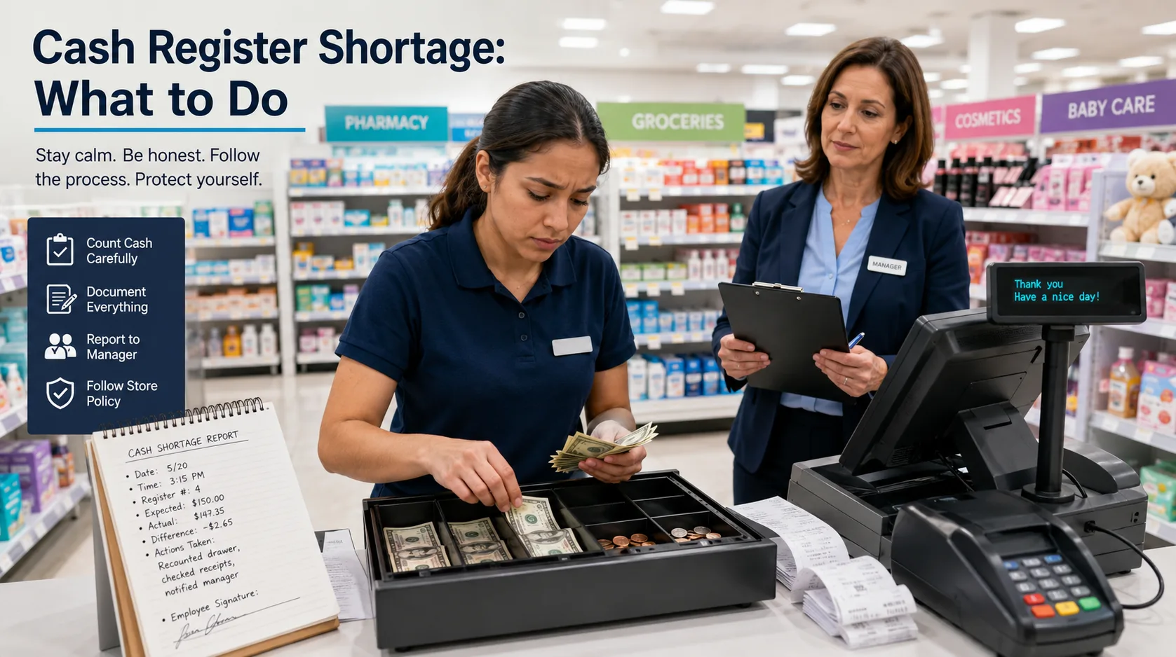 Cashier investigating a cash register shortage by counting money, checking receipts, and documenting details with manager support in a retail store.