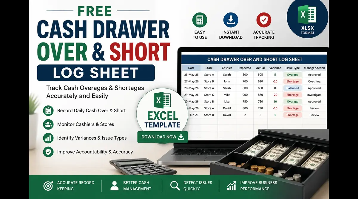 Cash Drawer Over and Short Log Sheet Excel Template for Tracking Cash Overages and Shortages