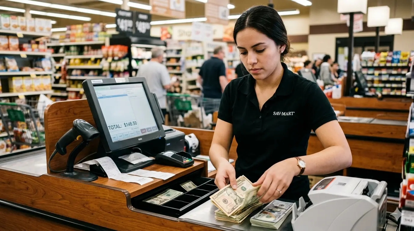 A supermarket cashier quickly counting a stack of cash at her checkout register counter.