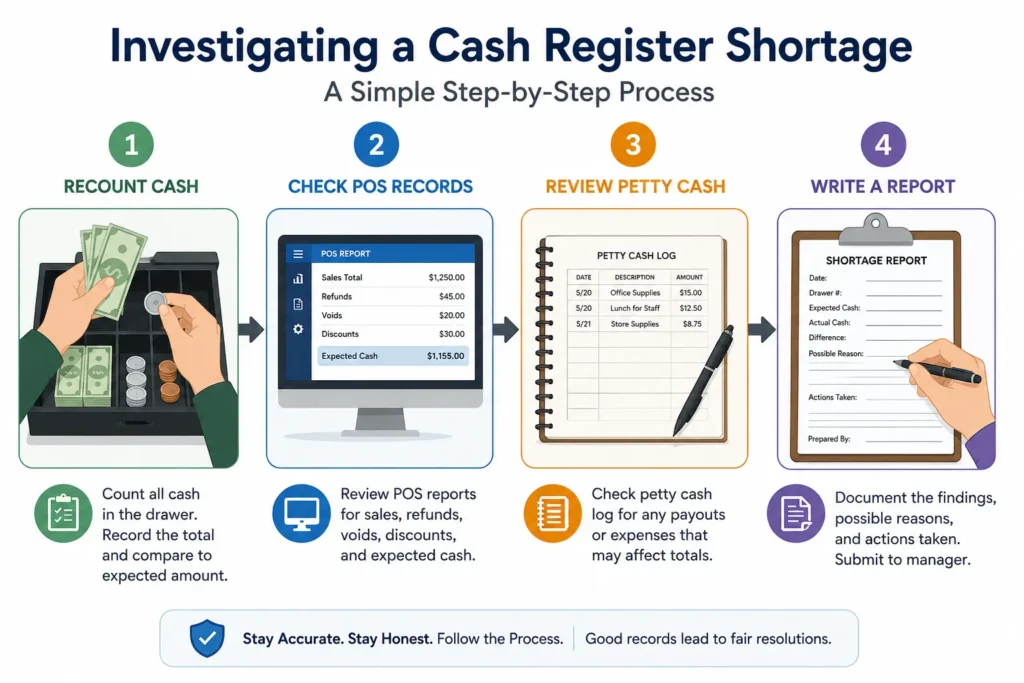 Cash register shortage investigation process infographic with steps for cash recount, POS audit, petty cash review, and shortage report documentation.